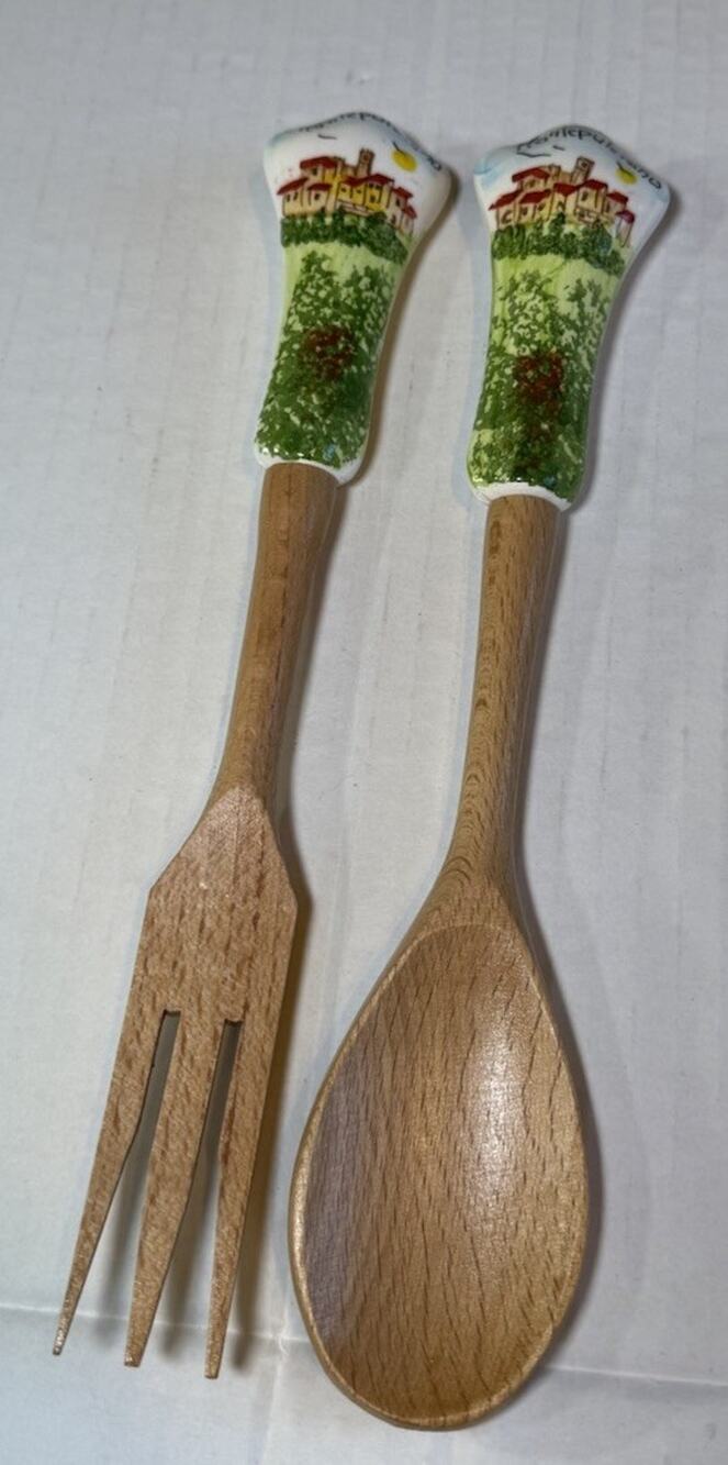 Hand Painted Montepulciano Italy Ceramic & Wood Salad Servers / Tongs Tuscany